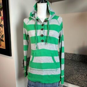 Woman’s Green Grey Striped Hooded XL Henley Long Sleeve Shirt